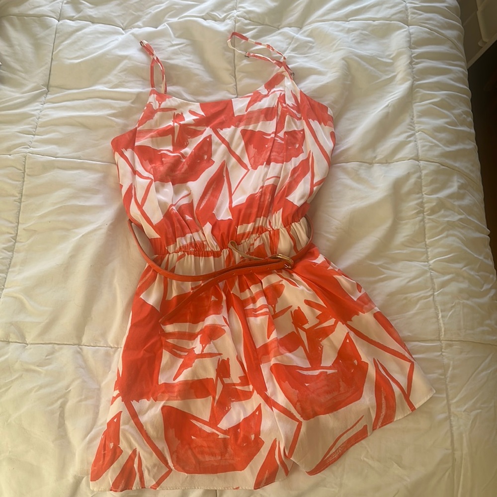 Alice + Olivia orange and white cinched waist romper